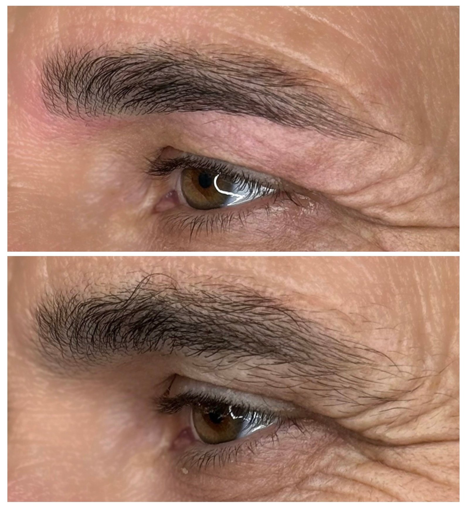 Antes y después de depilación con hilo en cejas masculinas, diseño natural y limpio.