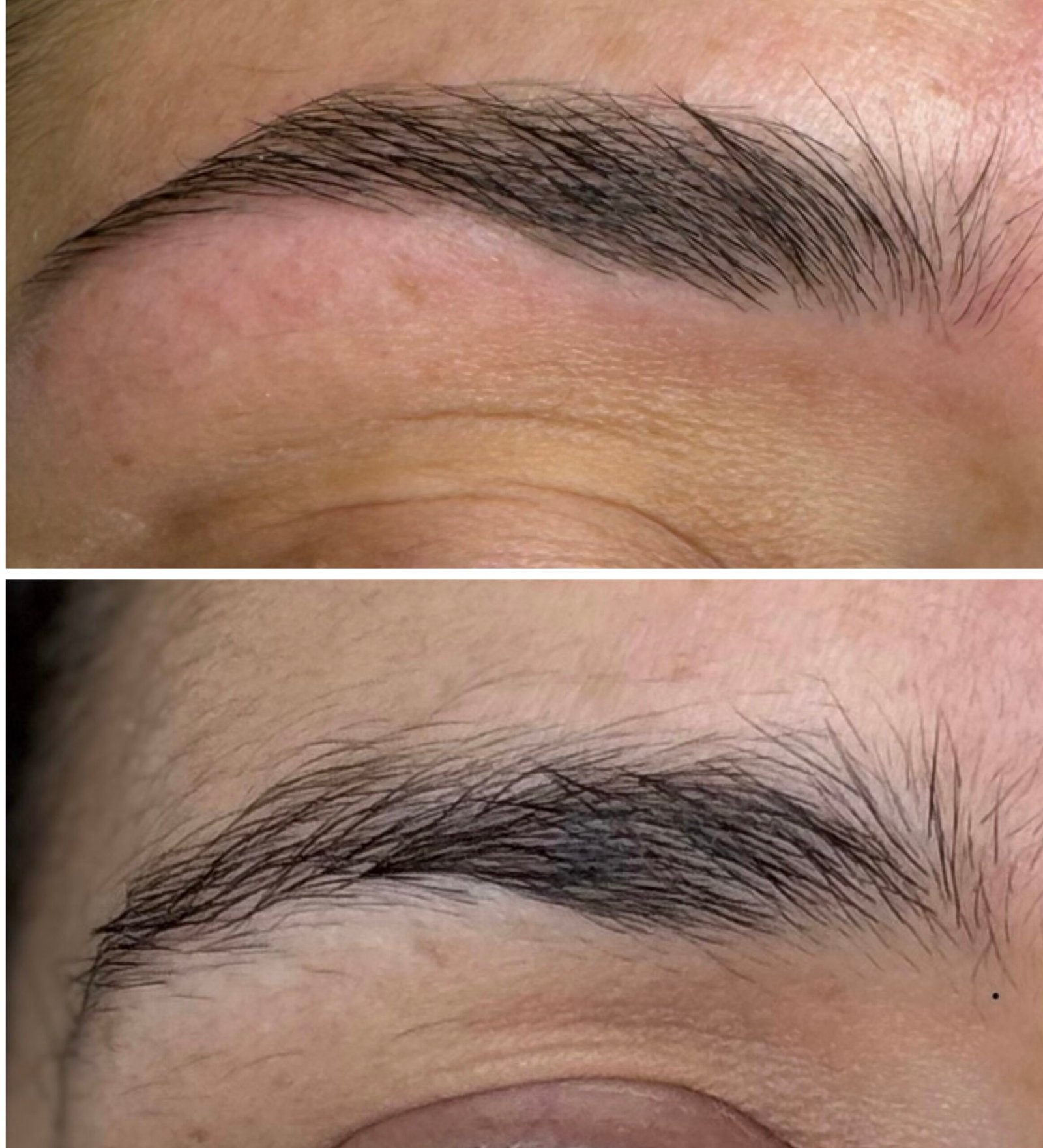 Antes y después de depilación con hilo en cejas femeninas, diseño definido y natural.